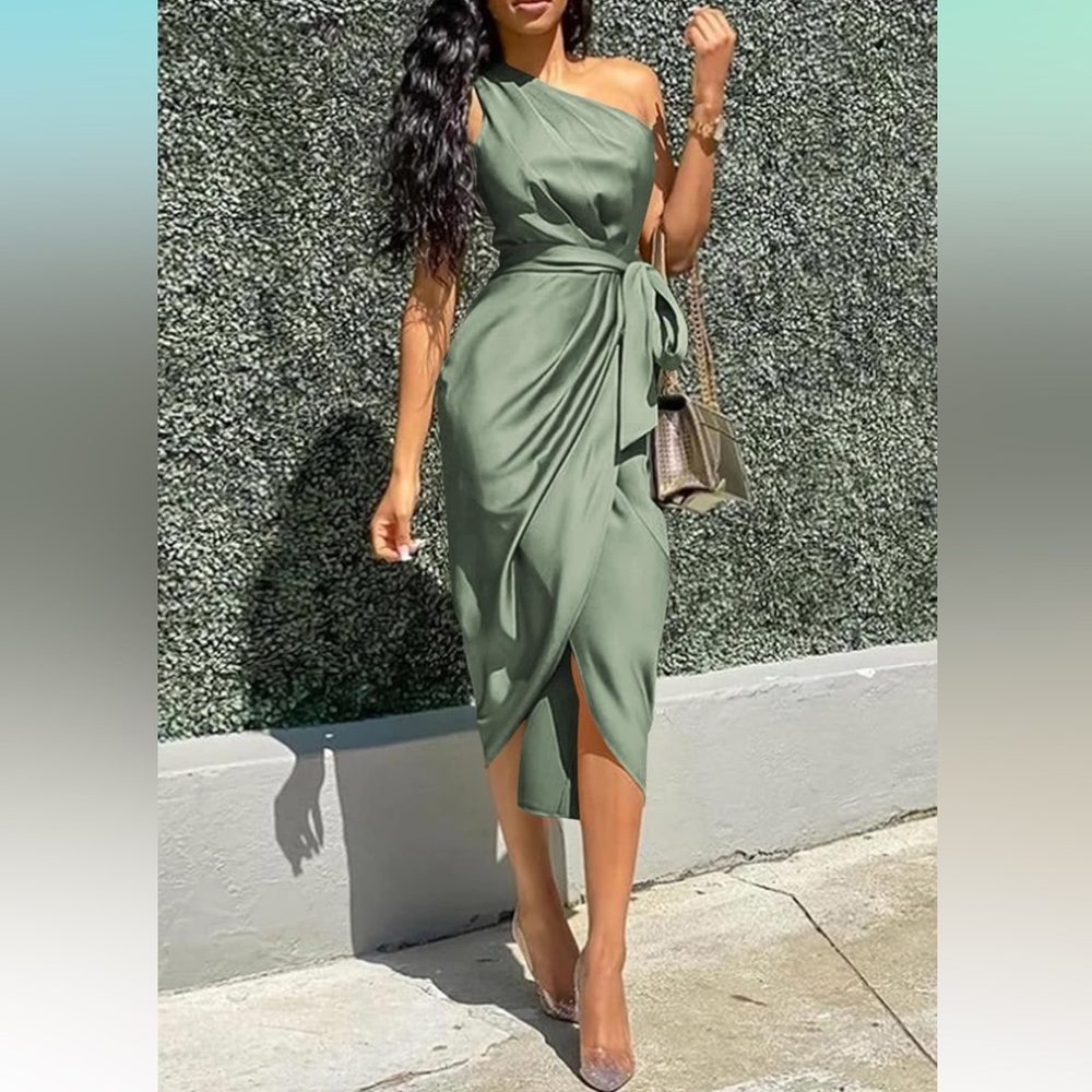 Bodycon Dress Sleeveless One Shoulder Wrap Satin Belted Cocktail Midi Dress